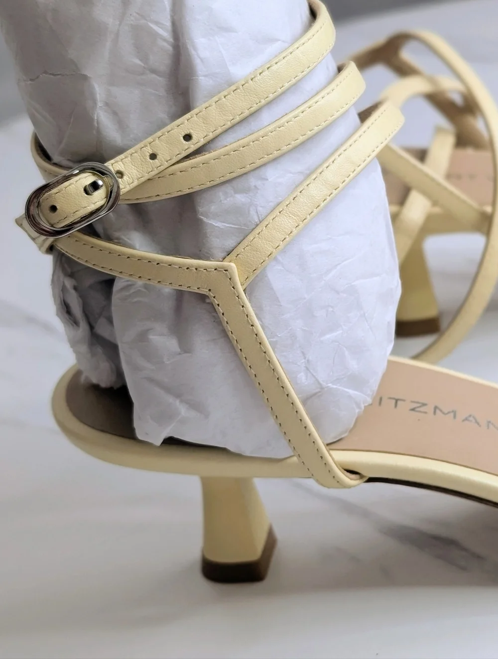 Stuart Weitzman Nudist Wrap Sandal Heels 8 Lemon Chiffon Strappy Kitten Heel - Picture 9 of 11